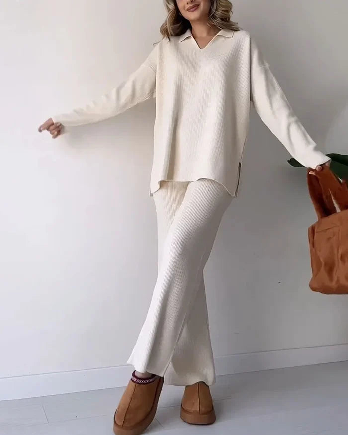 V-Neck Casual Slit Knitted Two-Piece Set