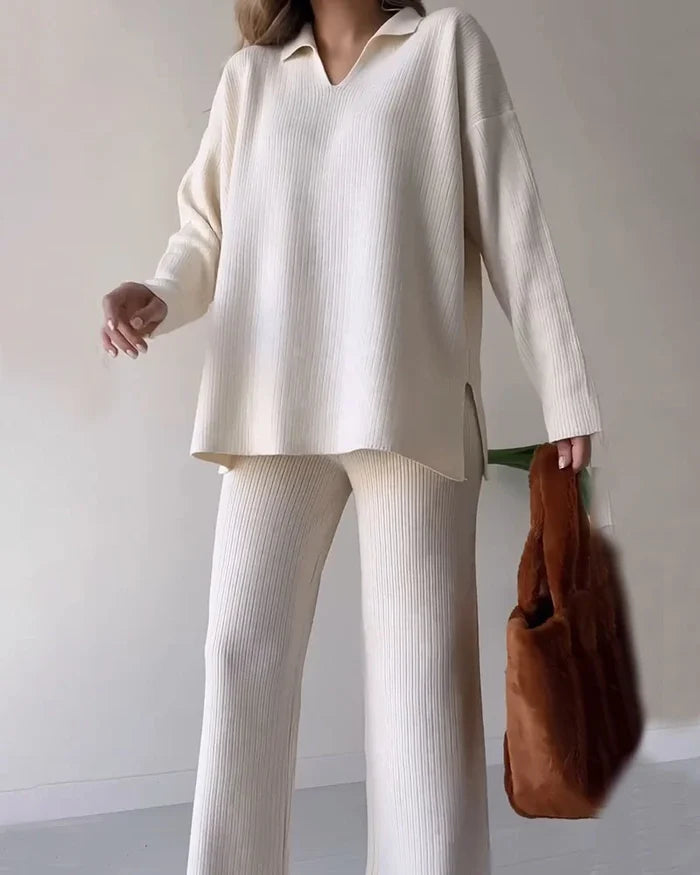V-Neck Casual Slit Knitted Two-Piece Set